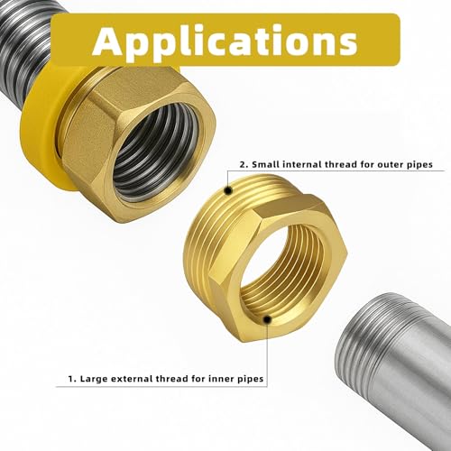 Image of 2pcs 1 Inch to 3 /4 Inch NPT Female Reducer Hex Bushing, Brass Reducing Hex Bushing Heavy Duty Threaded Pipe Fitting Adapter for Plumbing Gas Hydraulic Systems