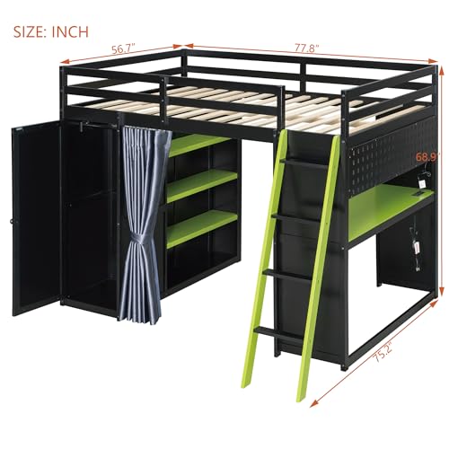 Image of Full Gaming Loft Bed with Wardrobe & Desk & Charging Station & RGB Light,Esports Wood Loft Bed Frame with Storage Shelves,Curtains and DIY Pegboard,Space Saving,No Box Spring Needed,Black Green