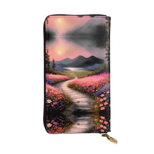 A path full of flowers printing Women's leather long handheld wallet large capacity credit card zipper bag