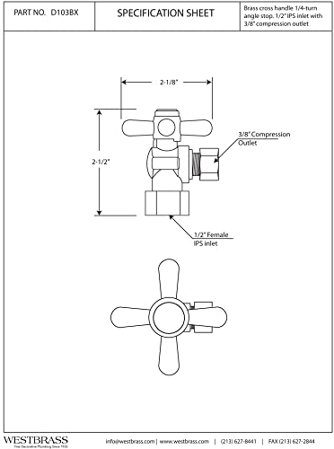 Westbrass 1/4-Turn Cross Handle Angle Stop, 1/2\" IPS x 3/8\" OD, Polished Chrome, D103BX-26