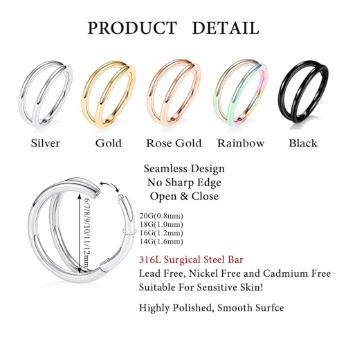 FUNLMO Conch Tragus Helix Rook Daith Piercing Jewelry Cartilage Hoop Earring Double Hoop Nose Ring 16G Septum Ring Nose Ring 316L Surgical Steel Nose Hoop Lip Ring 12mm Rainbow by FUNLMO - Image 2