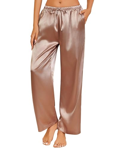 Image of Ekouaer Womens Silk Satin Pajama Pants Casual Loose Lounge Pants Drawstring Elastic Waist Wide Leg Pj Bottoms with Pockets, Brown, Medium