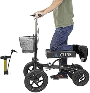 AllCure Quad All Terrain Foldable Medical Steerable Knee Walker Scooter, Walking Aid Roller for Foot Injuries, Height Adjustable Crutch Alternative, Deluxe Brake System & Basket, Black