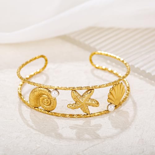Gold Starfish Seashell Coach Cuff Bangle for Women Ocean Theme Bracelet Summer Jewelry4