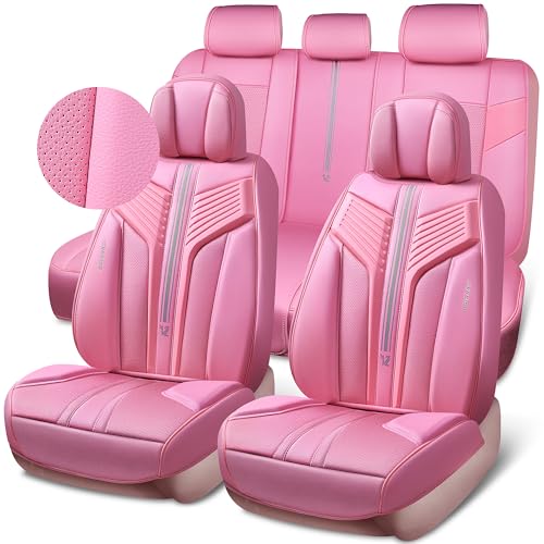 Image of CAR PASS Pink Nappa Leather Seat Covers, Cute Girly Car Seat Covers Full Set for Women, Luxury 3D Sponge Support Waterproof Car Seat Protector, Universal Fit SUV Pick-up Truck Sedan Automotive