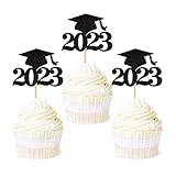 Ercadio 36 Pack Black Glitter 2023 Graduation Cap Cupcake Toppers Class of 2023 Grad Cap Cupcake Pic