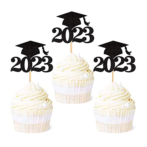 Ercadio 36 Pack Black Glitter 2023 Graduation Cap Cupcake Toppers Class Of 2023 Grad Cap Cupcake Picks For 2023 Graduation Theme Party Cake Decorations Supplies #TOP21