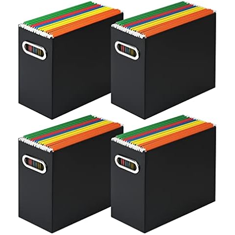 Tunnkit File Organizer, Cardboard File Box for Letter Size Hanging File Folder Storage, Collapsible Hanging File Organizer with Handles for Office/ Home/ School, Black, 4 Packs Cover