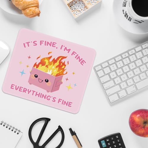 Image of FROGIGO Mouse Pad with Stitched Edges - Funny Mousepad for Women, 9.25 x 7.75 inch Washable Square Desk Pad, Non-Slip Rubber Base, Office Home Laptop Accessories - Pink Box on Fire