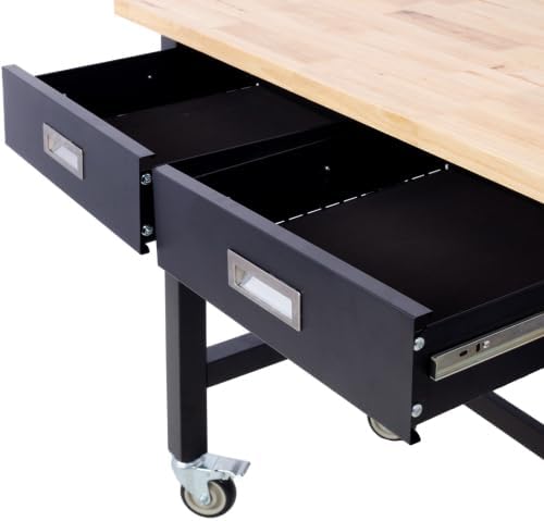 48in Work Bench, Workbench with Drawer Storage, Heavy Duty Bamboo Wood Work Table with Wheels for Garage Home Office (L48in*W20in*H38in)