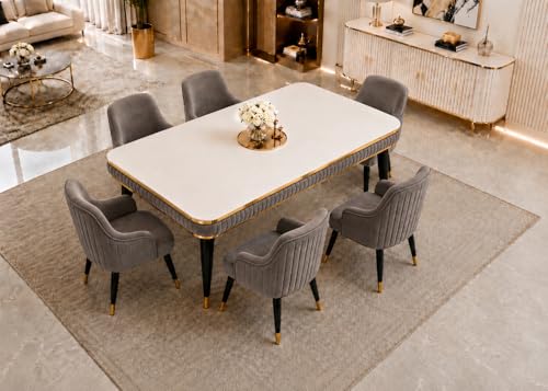 Image of WOODEN SPACE 6-Seater Wooden Dining Table Set | Nano Composite Marble Top | Solid Wood Base | Modern Dining Room Furniture with 6 Chairs (Brown Modern Zyro)