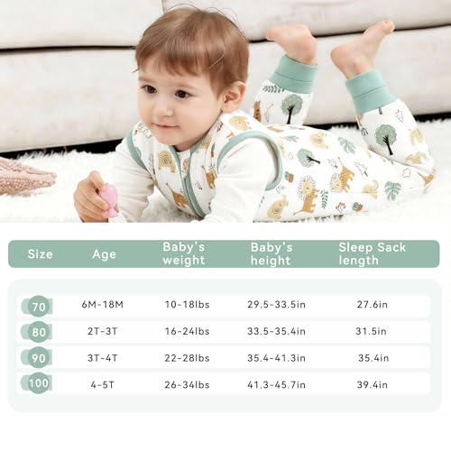 Image of Chilsuessy Toddler Sleep Sack with Feet 3-4 T, 1.0 TOG Cotton Baby Wearable Blanket with Legs, Sleep Bag Walker with 2-Way Zipper, Green & Lion