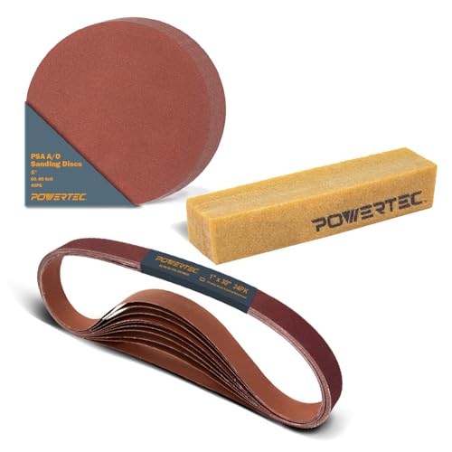 POWERTEC 1x30 Sanding Belts + 5 Inch PSA Sanding Disc + Abrasive Clening Stick, 64PK, 4 Each 60/80/120/180/240/400 Grits 1 x 30 Sanding Belt &amp; 20 Each 60/80 Grits Adhsive Sanding Discs (45503)