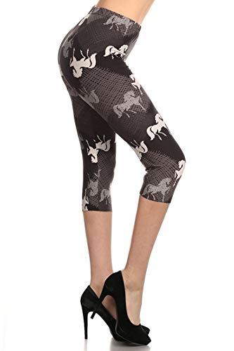 Leggings Depot High Waisted Checkered & Animal Print Leggings for Women-Capri-R713, Headstrong Horse, Plus Size