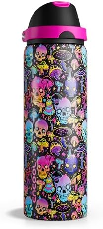 Halloween Insulated Water Bottle with Straw - Stainless Steel Water Bottle with Push Button Lid, Leak-Proof BPA-Free, Keeps Cold for 24 Hours for Halloween gifts, Party (32 oz, Trippy Skulls)