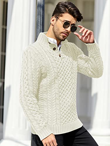 Bbalizko BZ3597BS0L Mens Stand Collar Pullover Sweater Cable Knitted Chunky Winter Fashion Buttons Twisted Thermal Sweaters White thumb #2