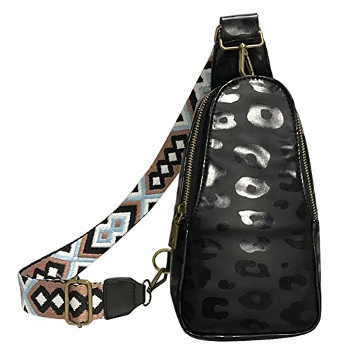 LYEAA Sac de poitrine en cuir PU avec fermeture éclair Sac à bandoulière pour le travail, le shopping, les voyages, la mode, la bandoulière, le sac bandoulière, Noir/léopard, 25CM*14CM*7CM Cover