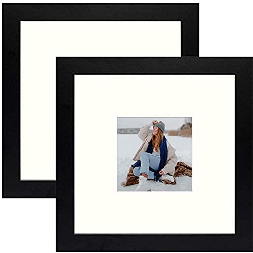 Golden State Art, 8x8 Picture Frame Display 4x4 with Mat, Composite Wood with High Definition Glass, Square Photo Frame Collage for Tabletop & Wall (2 Pack, Black)