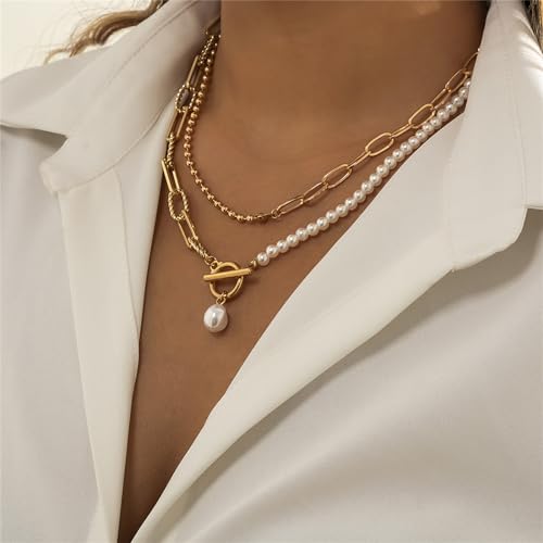 Dainty Layered Baroque Pearl OT Clasp Necklace for Women,Vintage Paperclip Pearl Chain Choker Necklace Adjustable Beaded Ball Chain Fashion Retro Charm Jewelry3