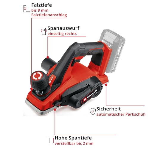 Foto von Einhell Akku-Hobel TE-PL 18/82 Li-Solo Power X-Change (18 V, 82 mm Hobelbreite, bis 2 mm Spantiefe, Falztiefen-/Parallelanschlag, autom. Parkschuh, inkl. 2x Wendemesser, ohne Akku)