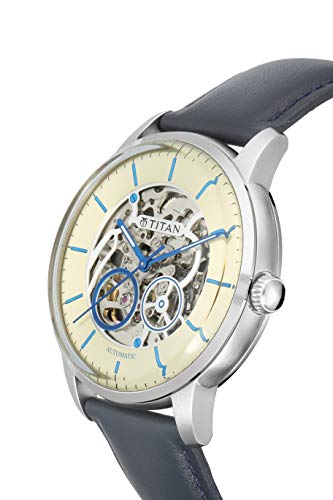 Titan Men Leather Mechanical Analog Champagne Dial Watch 90110Sl02/Nn90110Sl02, Band Color-Blue - Image 4