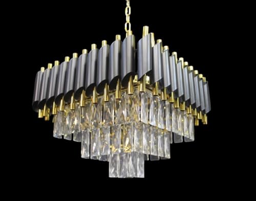 Image of TRIXY Chandeliers Lights for Ceiling Black Gold Square Crystal Pendant Light Lamp | 2 Tier, K9 Crystal 300mm Elegant Jhoomar Lamp for Living Room, Bedroom, Dining Area Home Decor Lighting Lamp