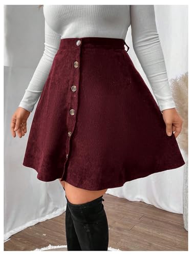 WDIRARA Women's Plus Size A Line Button Front Skirt High Waisted Corduroy Skirts3