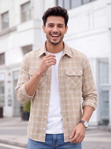 Image of Amazon Brand - INKAST Men's Cotton Blend Button Down Shirt || Long Sleeve Casual Flannel Check Shirt || Soft Breathable Lightweight Collared Shirts with Two Flap Chest Pockets || Stylish Everyday Wear