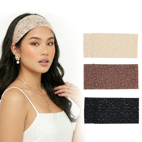 Aranya 3 Pack Classic Floral Lace Headbands - Vintage Wide Stretchy Hair Bands for Women & Girls - Soft Breathable Sheer Headwraps for Everyday Spa Facial & Sleeping