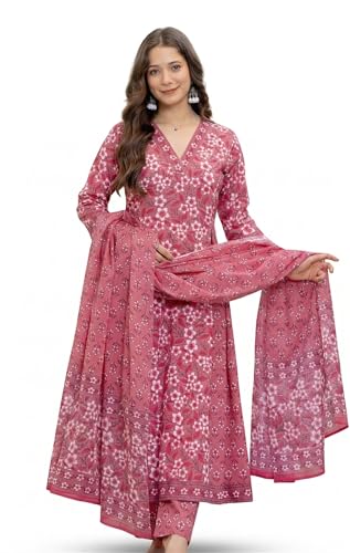 Image of Aradhika Women's Pure Cotton Printed Anarkali Kurta with Pants and Dupatta | 3 Pieces Ethnic Wear for Women | Casual, Festive & Dailywear | Soft & Breathable Kurta Suit Set.