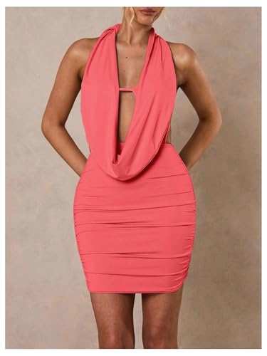 Image of SOLY HUX Women's Sexy Deep V Neck Halter Bodycon Mini Dress Sleeveless Party Club Dresses