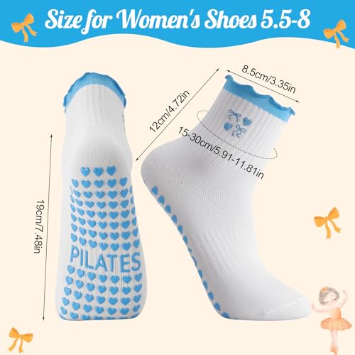 Jspupifip 2 Pairs Women Cute Pilates Grips Socks, Crew Non Slip Yoga Socks Ruffle Cuff Embroidery Workout Ballet Sock2