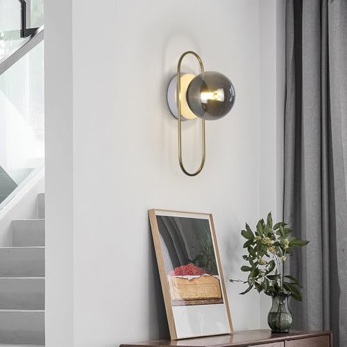 Image of Modern Farmhouse Sconces Wall Lighting Brushed Gold Globe Wall Sconce Smoked Glass Bathroom Vanity Light Brass Sconces Hard Wired