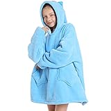 Kapuzen-Sweatshirt Decke für Jungen und Mädchen, Einheitsgröße, Tier-Design, Bademantel mit Kapuze, super weiches Flanell, warm, TV-Spieldecken, Geschenk für Kleinkinder, blaue eule, 6-13 Jahre