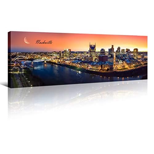 Nashville Skyline Wall Art for Living Room Cityscape Canvas Modern Home Decor Panorama Pictures City Building House Decorations Skyscraper Artwork Night View Posters and Prints 12×46 Inch 1 Panel