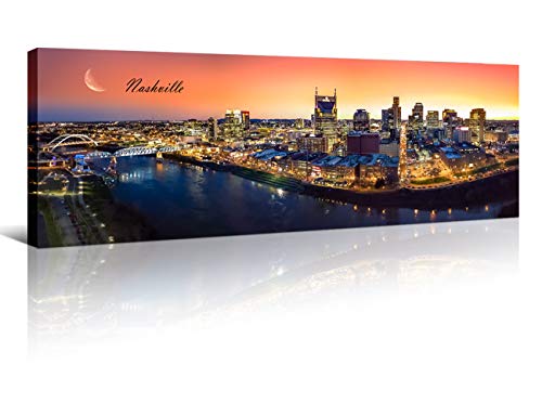 Nashville Skyline Wall Art for Living Room Cityscape Canvas Modern Home Decor Panorama Pictures City Building House Decorations Skyscraper Artwork Night View Posters and Prints 12x46 Inch 1 Panel