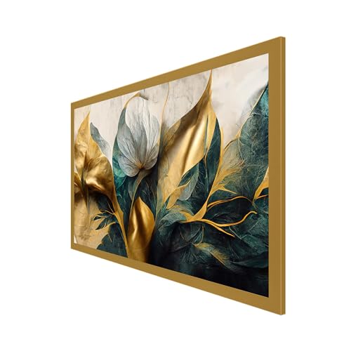 Image of DEKORSTATION Luxurious Golden Flower Canvas Art Elegant Floating Framed Painting for Bedroom, Living Room, Drwaing Room Wall Decoration Size : 12x24 Inches