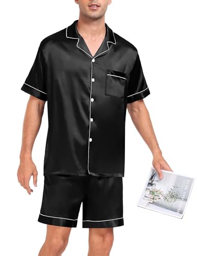Image of SWOMOG Men Silk Pajama Set Short Sleeve Satin PJs Sets 2 Piece Button Down Sleepwear Soft Summer Loungewear with Pockets