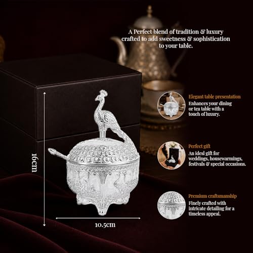 Image of Diviniti Luxury German Silver Peacock Sugar Bowl with Spoon & Gift Box | Royal Decorative Dry Fruit & Mishri Container | Premium Serving Bowl for Dining, Wedding & Festive Gift (16 cm) (Silver)