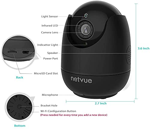 Netvue Camara Vigilancia WiFi Interior 1080P, Camaras Vigilancia Domicilio WiFi Audio Bidireccional Compatible con Alexa, Camara Seguridad Vista 360°, Detección de Movimiento & Alerta Instantánea