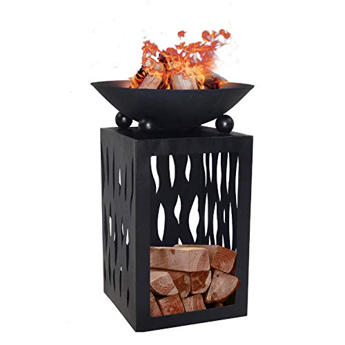Terrassenofen Feuerschale Feuersäule Feuerkorb Feuerstelle Lagerfeuer Kaminfeuer Metall mit Holzfach Fach für Kaminholz H 68cm