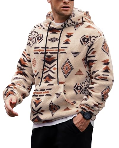 VOGSTART Mens Classic Trendy Hoodie Western Comfort Sweatshirt Tribal Aztec Sherpa Fluff Plush Furry Graphic Hoody Beige - Totem Print XL