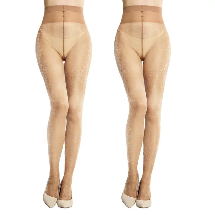 MANZI 2 Pairs Shiny Sheer Pantyhose Sparkly Shimmer Dance Tights 20 D Shine Stockings Jazz Tights for Women Nude S-M