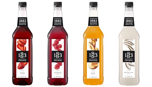 Image of 1883 Strawberry, Raspberry, Peach, Coconut Syrups (Soda Flavors) for Drinks - 1 Liter Plastic Bottles (Pack of 4)