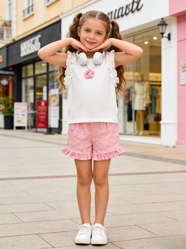 Image of Ayzozuy Kid Girl Clothes Shorts Set 2 Piece Outfits Summer Casual Short Sleeve Top and Shorts Set for Girls 4-7
