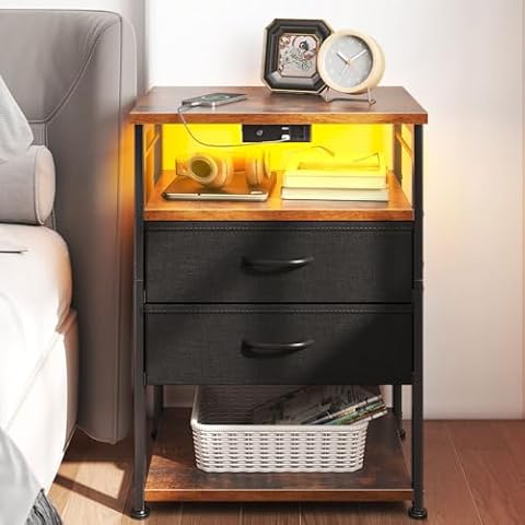 AODK Night Stand with Charging Station, End Table for Bedroom Tall Nightstand with Drawers, Small Nightstand for Bedroom, 4-Tier Storage Bedside Table, Vintage and Black Cover