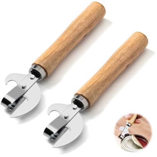 2 Pcs Stainless Steel Side Cut Can Opener, Manual Tin Opener with Ergonomic Wood Handle, Tin Openers That Work, Multi Can Opener for Kitchen, Camping & Emergency Prep Tool