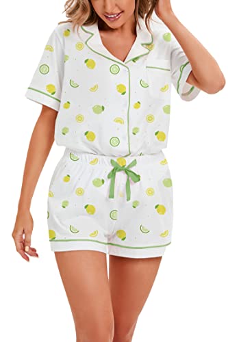 Image of LUBOT 100% Cotton Women's Pajamas Set PJ Set Button-Down Short Sleeve 2 Piece Set Printed Patterned Summer Night Suit Sleepwear Loungewear (Lemon, S)