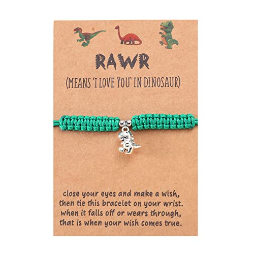 Image of HUJUON Cute Animal Dinosaur Bracelet,Handmade Braided Rope Wax Thread Tyrannosaurus Dinosaur Bracelet Promise Friendship Bracelet Gifts Card