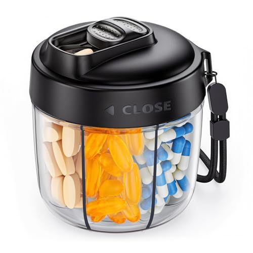 Image of AUVON Portable Pill Dispenser for 7 Various Supplements, Pill Organizer Bottle Travel Essentials with Anti-Mixing Design, Arthritis-Friendly Pill Container with Wide Opening & Slider Lid, 20 Stickers
